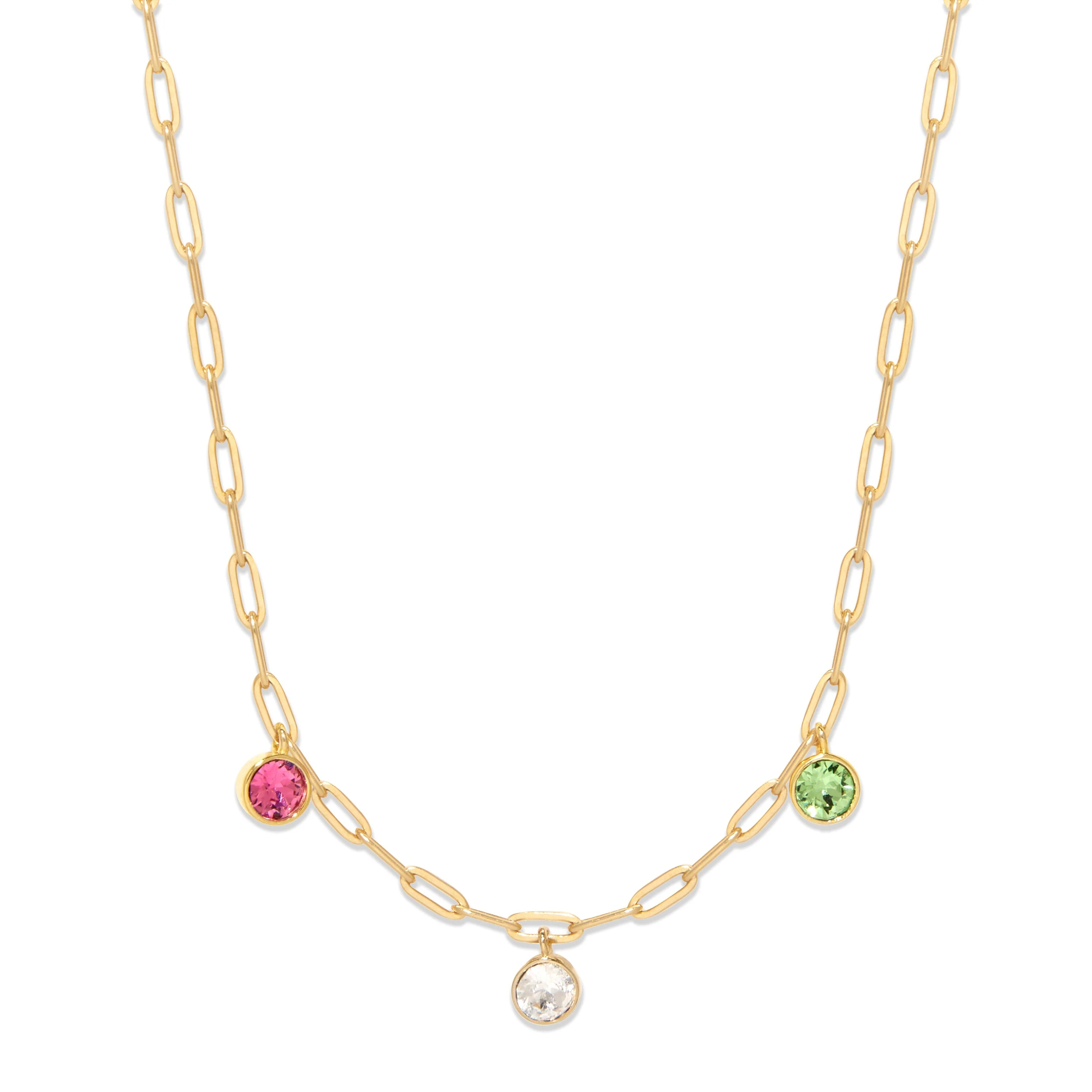 Image of Three Gold Paperclip Chain Birthstone Charm Necklace