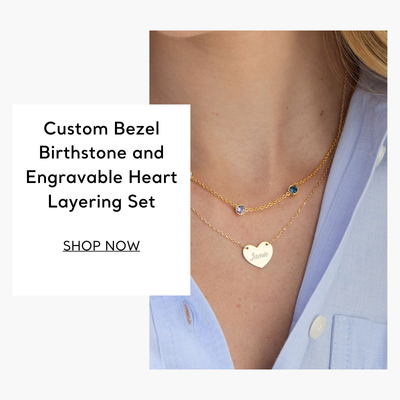 Custom Bezel Birthstone and Engravable Heart Layering Set
