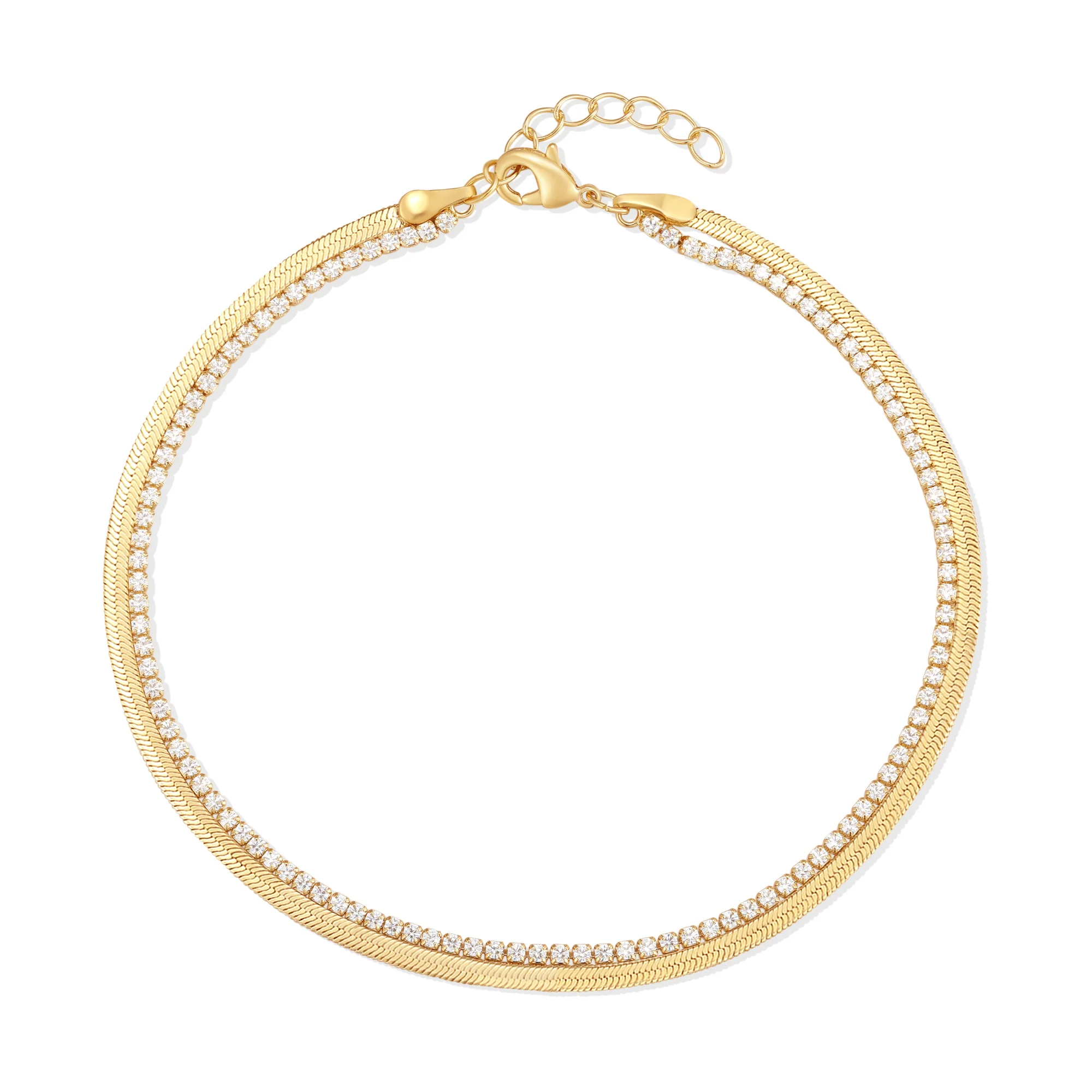 Image of Waterproof Tennis and Herringbone Chain Anklet
