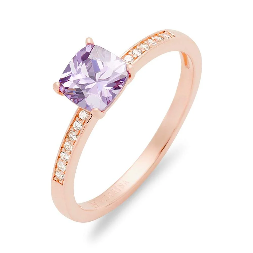 Image of Cushion Cut Birthstone Pave Band Rose Gold Ring