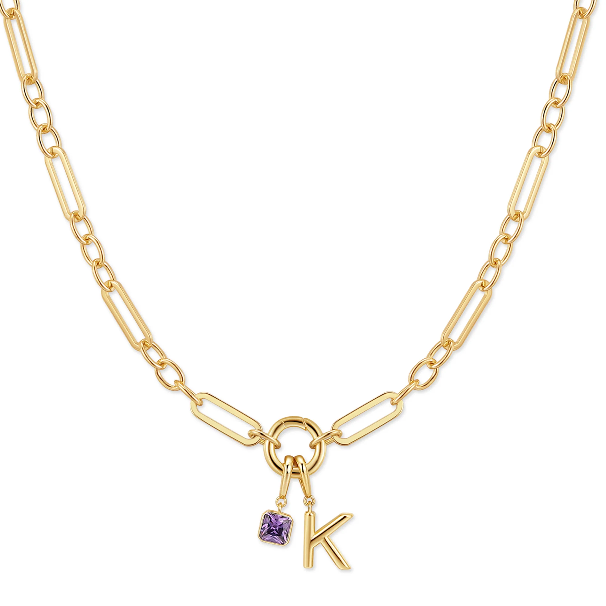 Image of Custom Birthstone and Initial Paperclip Charm Necklace