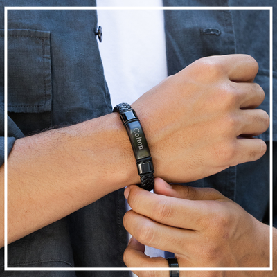 Men's Genuine Leather Matte Black ID Bracelet