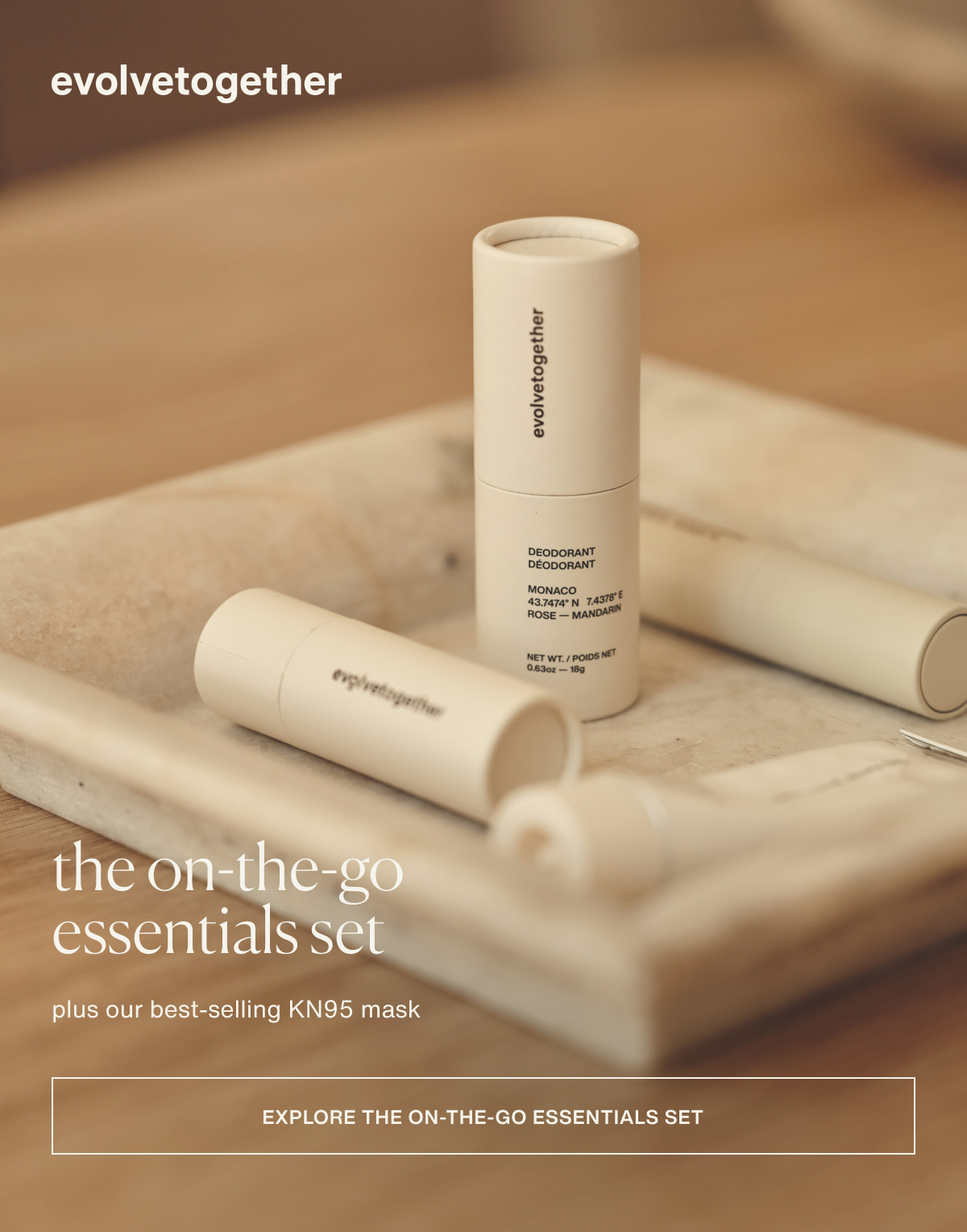 evolvetogether | the on-the-go essentials set plus our best-selling KN95 mask | [ explore the on-the-go essentials set ]