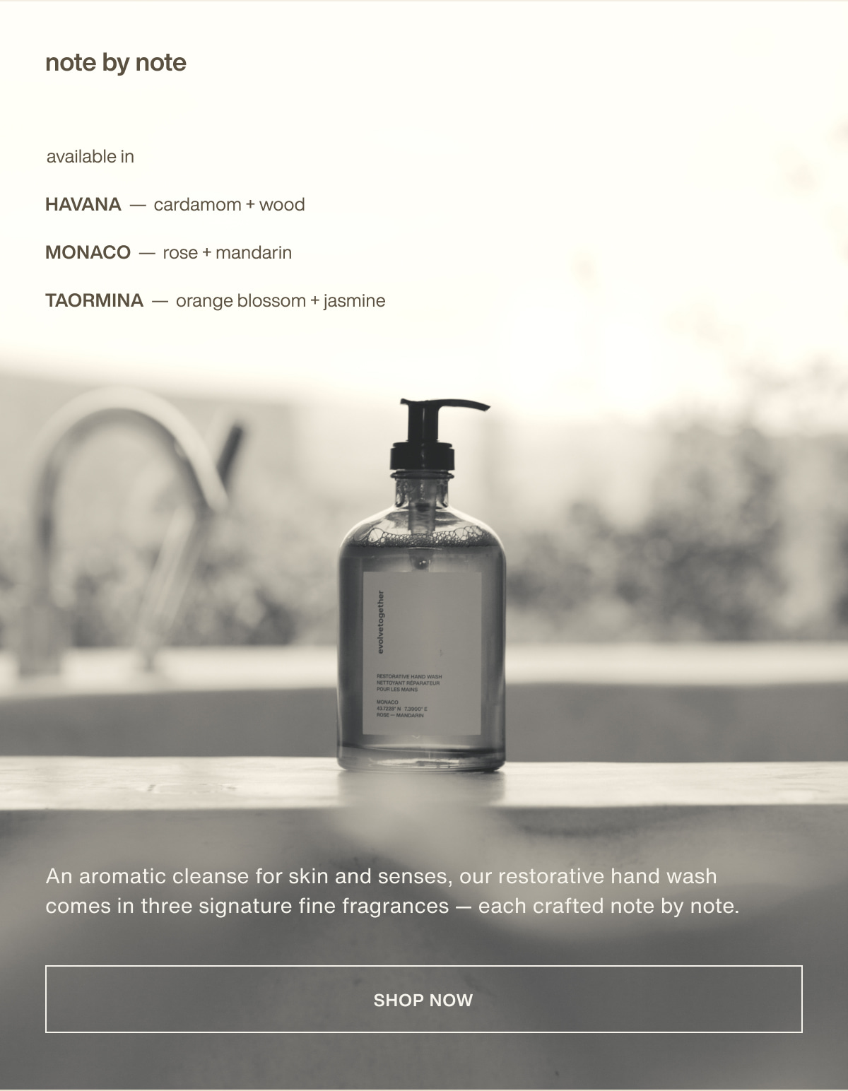 note by note | available in HAVANA  —  cardamom + wood | MONACO  —  rose + mandarin | TAORMINA  —  orange blossom + jasmine | An aromatic cleanse for skin and senses, our restorative hand wash comes in three signature fine fragrances — each crafted note by note. | [ shop now ]