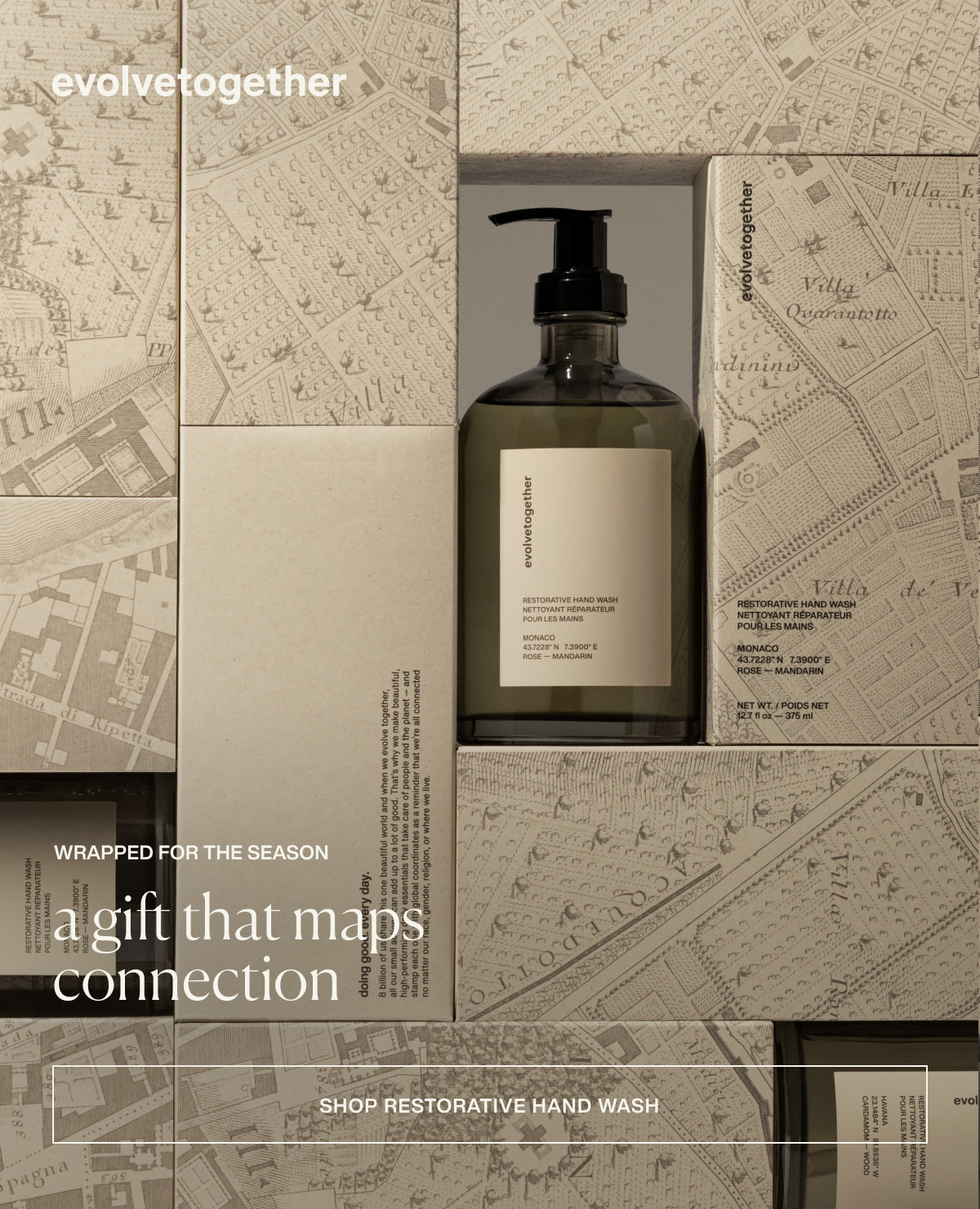 evolvetogether | wrapped for the season | a gift that maps connection | [ shop restorative hand wash ]