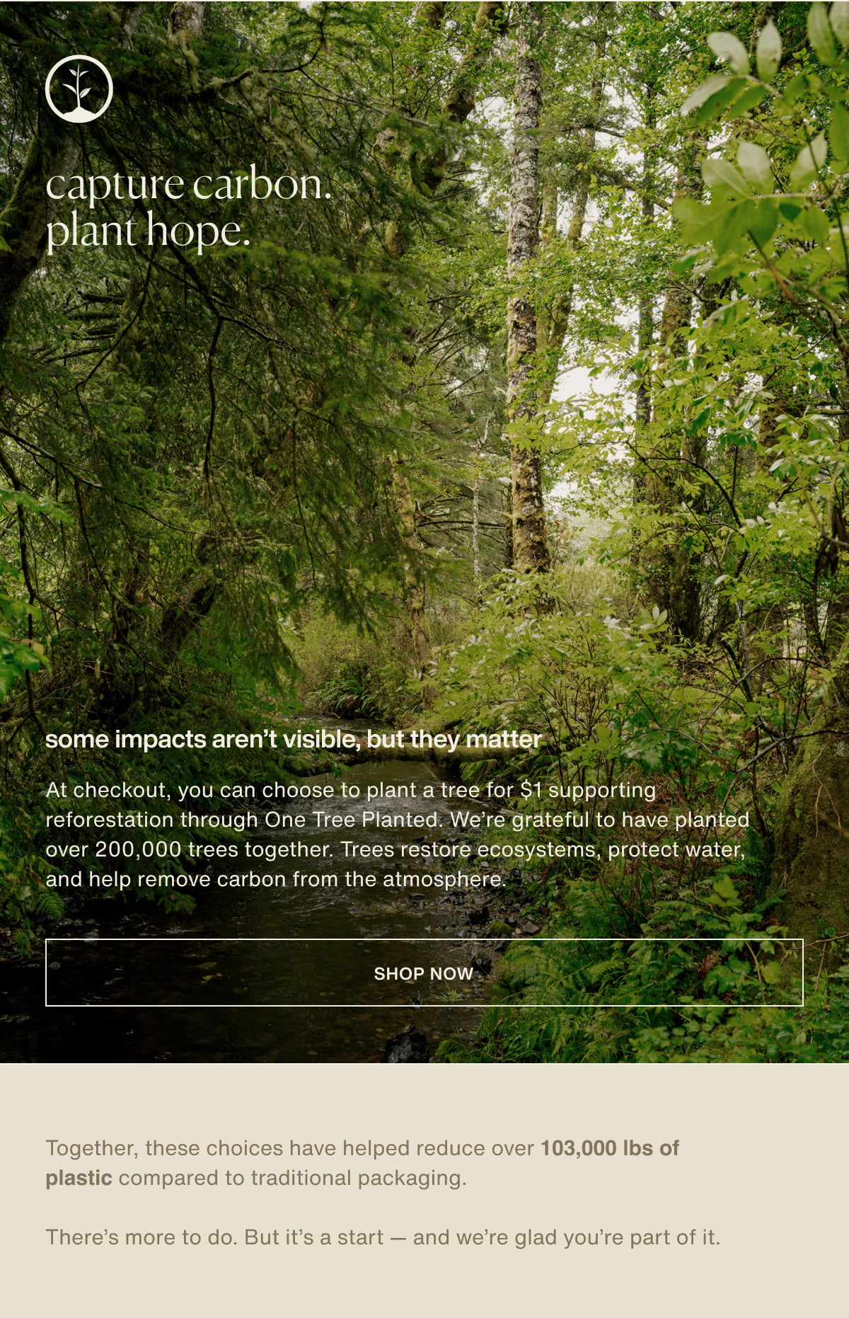 capture carbon. plant hope. | Some impacts aren’t visible, but they matter | At checkout, you can choose to plant a tree for $1 supporting reforestation through One Tree Planted. We’re grateful to have planted over 200,000 trees together. Trees restore ecosystems, protect water, and help remove carbon from the atmosphere. | [ shop now ] | Together, these choices have helped reduce over&nbsp;103,000 lbs of plastic&nbsp;compared to traditional packaging. | There’s more to do. But it’s a start — and we’re glad you’re part of it.