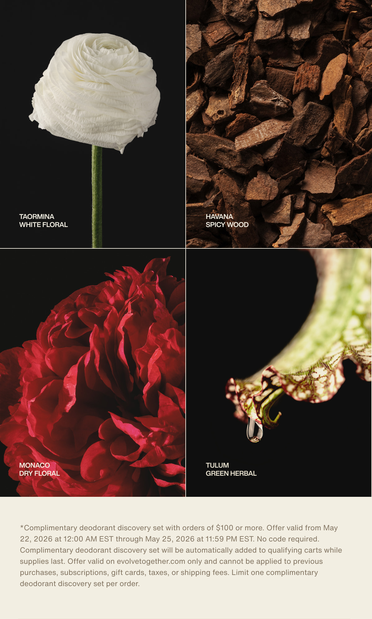 taormina | white floral | havana | spicy wood | monaco | dry floral | tulum | green herbal | *Complimentary deodorant discovery set with orders of $100 or more. Offer valid from May 22, 2026 at 12:00 AM EST through May 25, 2026 at 11:59 PM EST. No code required. Complimentary deodorant discovery set will be automatically added to qualifying carts while supplies last. Offer valid on evolvetogether.com only and cannot be applied to previous purchases, subscriptions, gift cards, taxes, or shipping fees. Limit one complimentary deodorant discovery set per order.