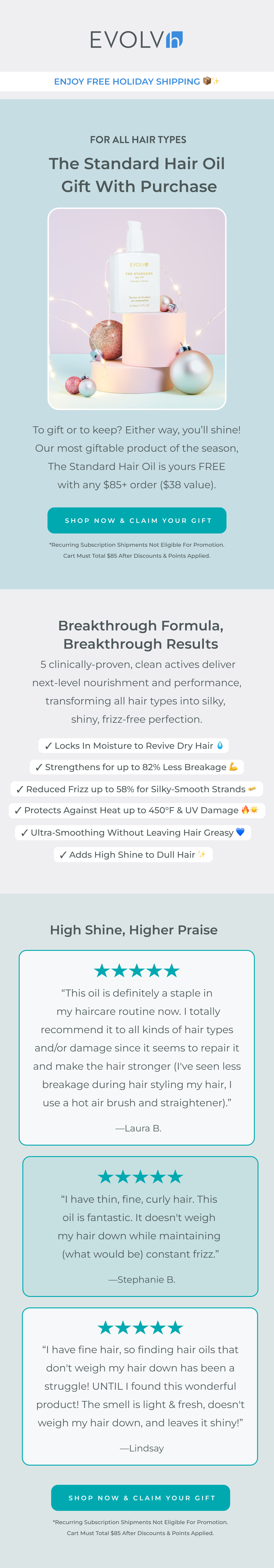 Free Holiday Shipping + score The Standard Hair Oil free with orders $85 and over.