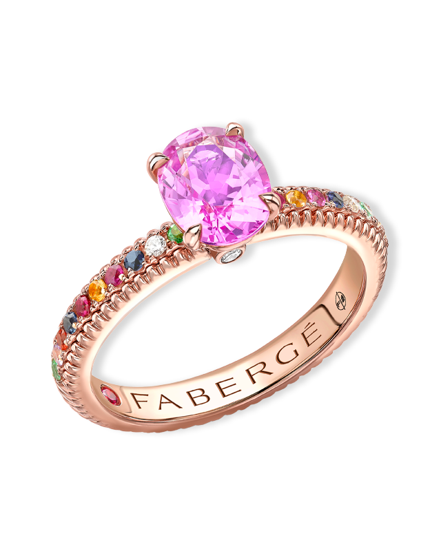 Fluted Pink Sapphire Ring with Multicoloured Gemstone Shoulders