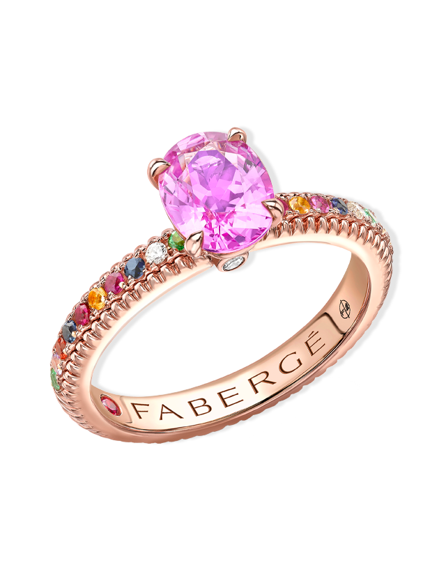 Fluted Pink Sapphire Ring with Multicoloured Gemstone Shoulders