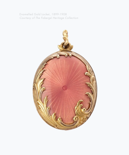 An antique 1899–1908 pink guilloché enamelled gold locket with ornate gold filigree detailing from the Fabergé Heritage Collection