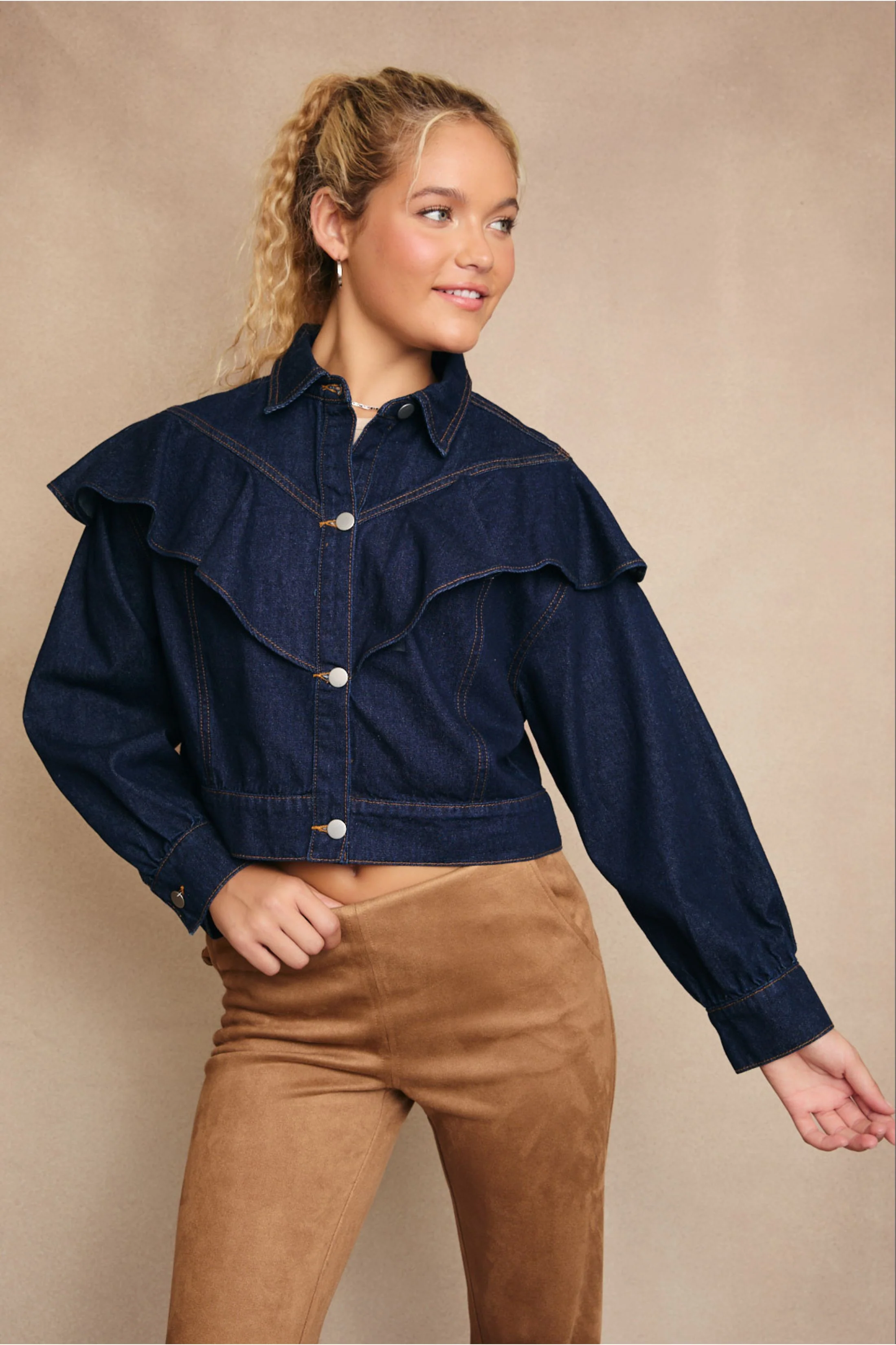 Image of Becca Ruffle Detail Denim Jacket