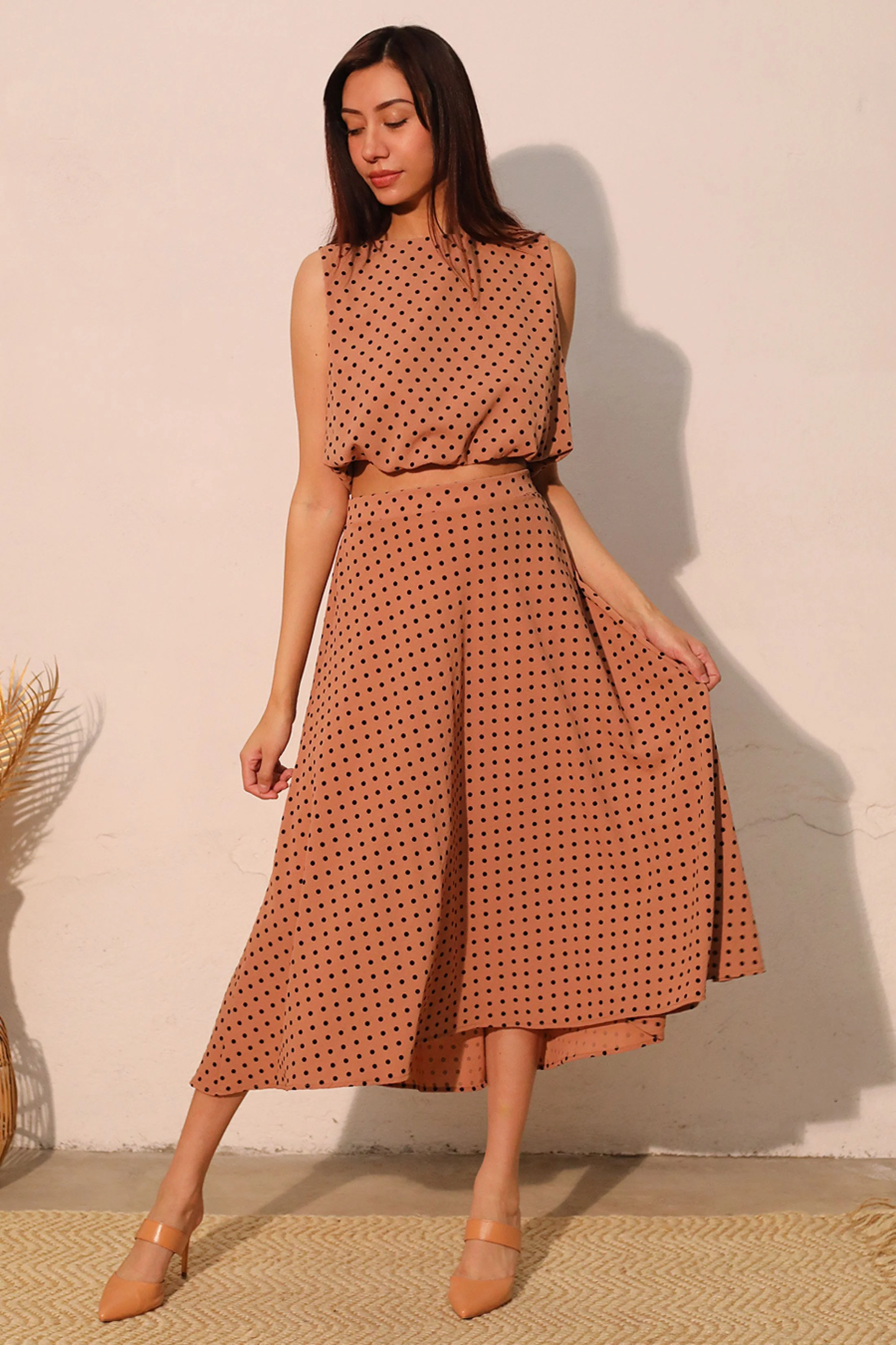 Image of Lucy Flocked Polka Dot Midi Swing Skirt