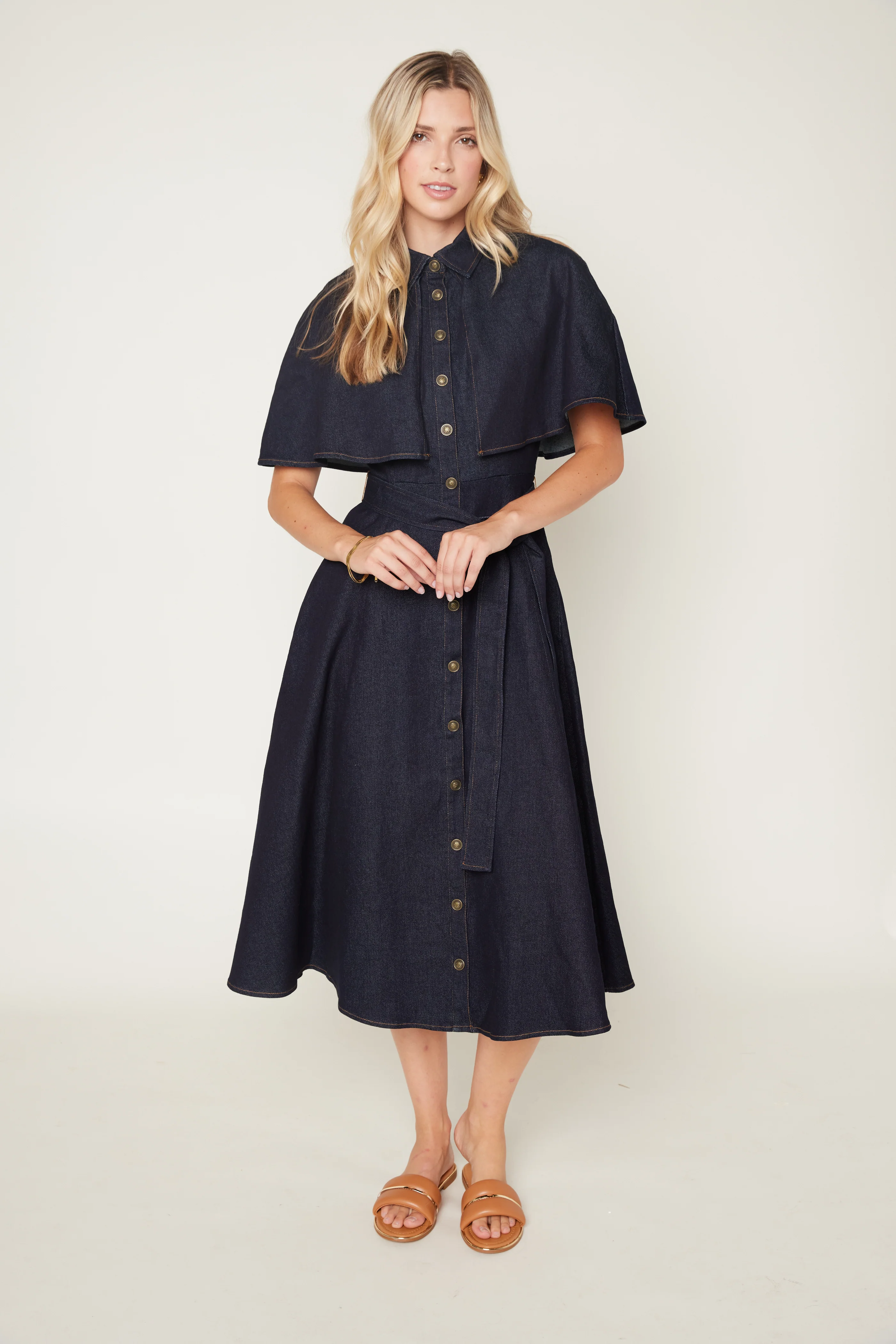 Image of Sallie Denim Midi Dress with Cape