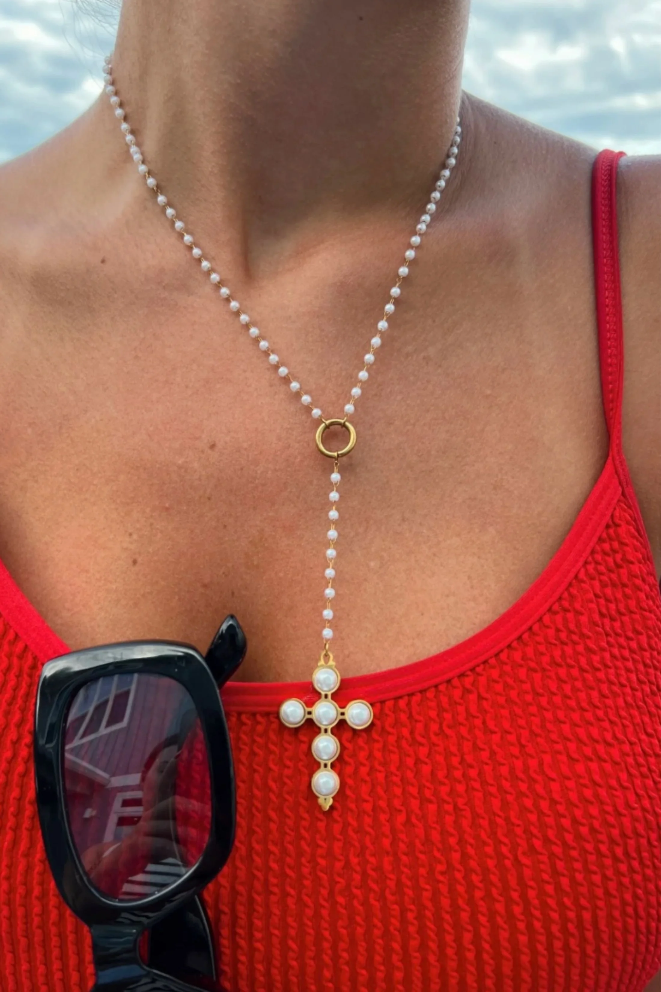 Image of Lariat Pearl Cross Necklace