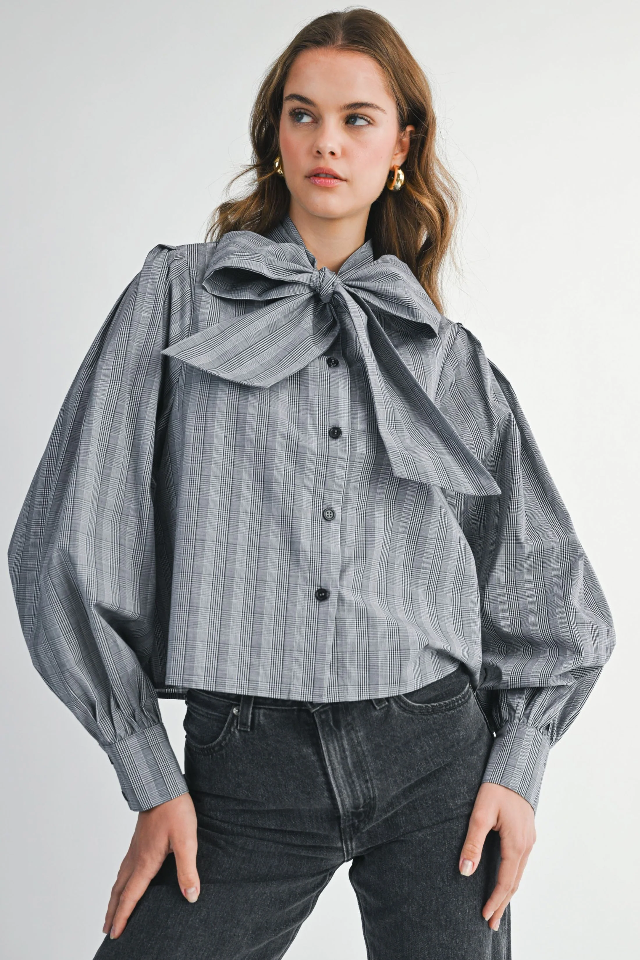 Image of Violet Plaid Bow Blouse Top