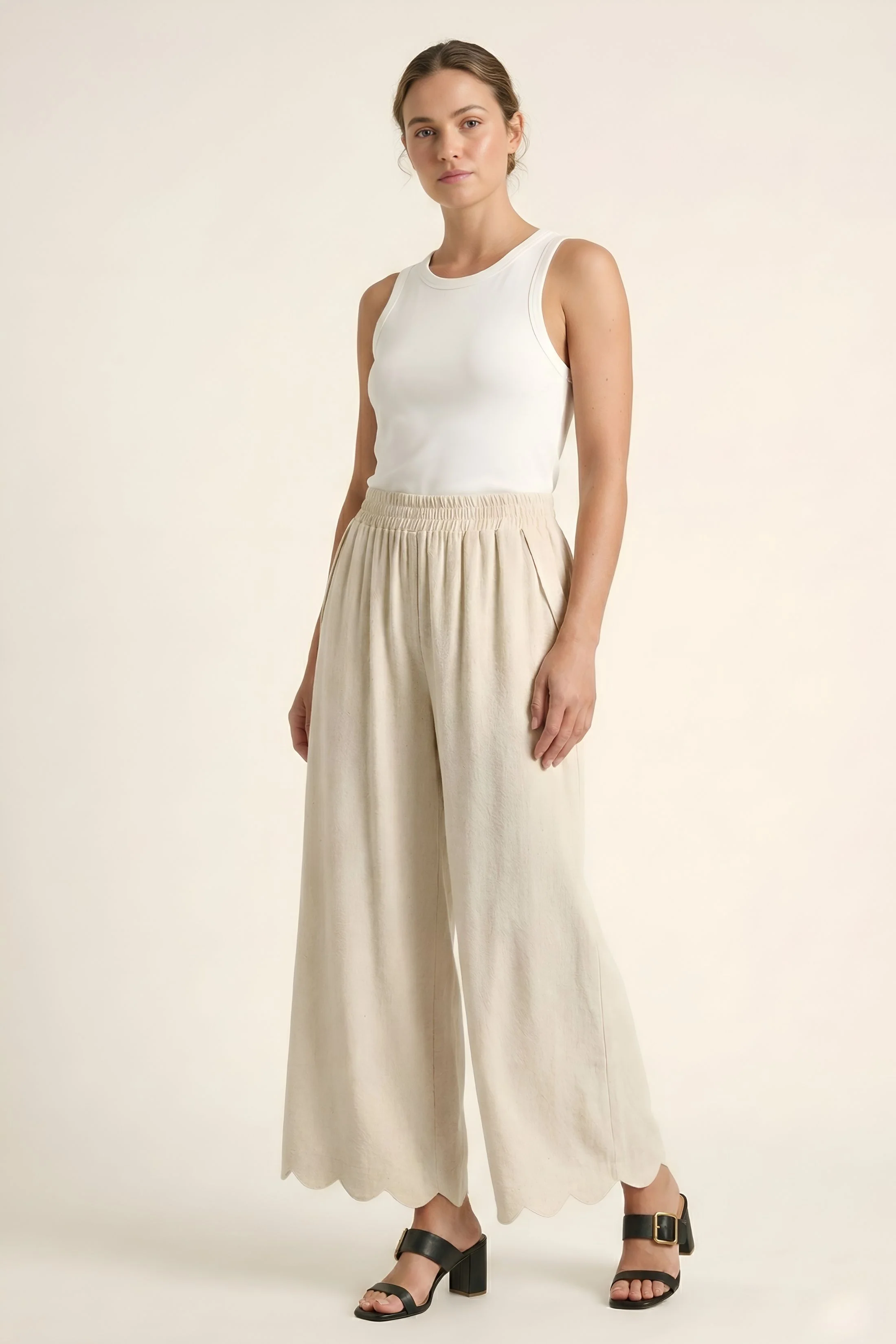 Image of Bailey Scalloped Hem Linen Pants