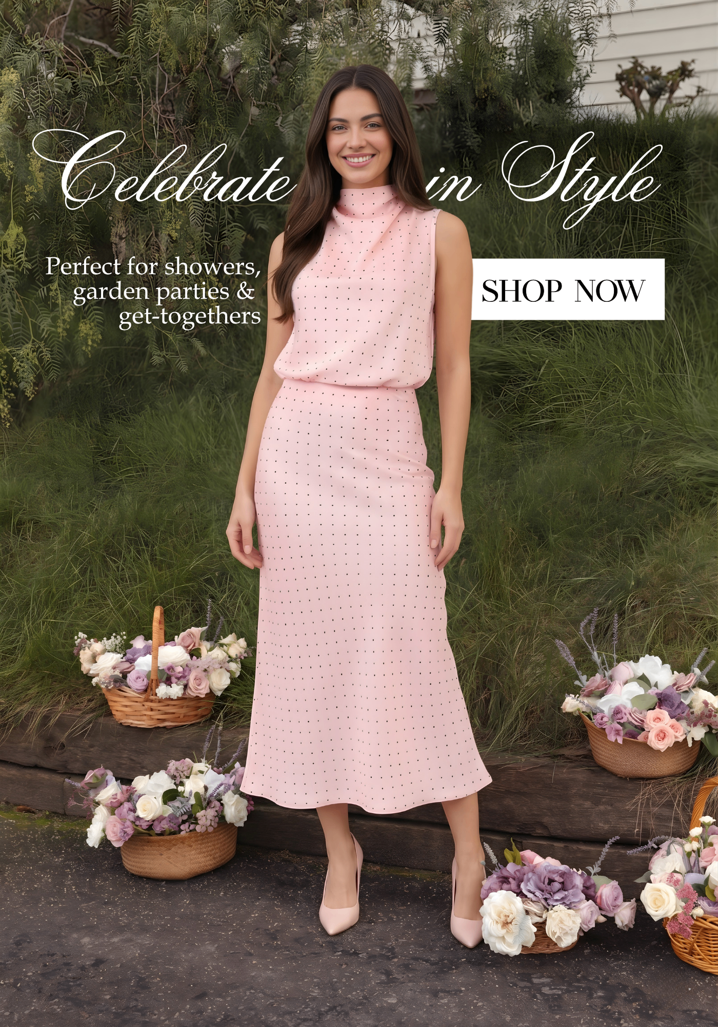 an image of a woman leaning against a wall with a cherry tree in the background