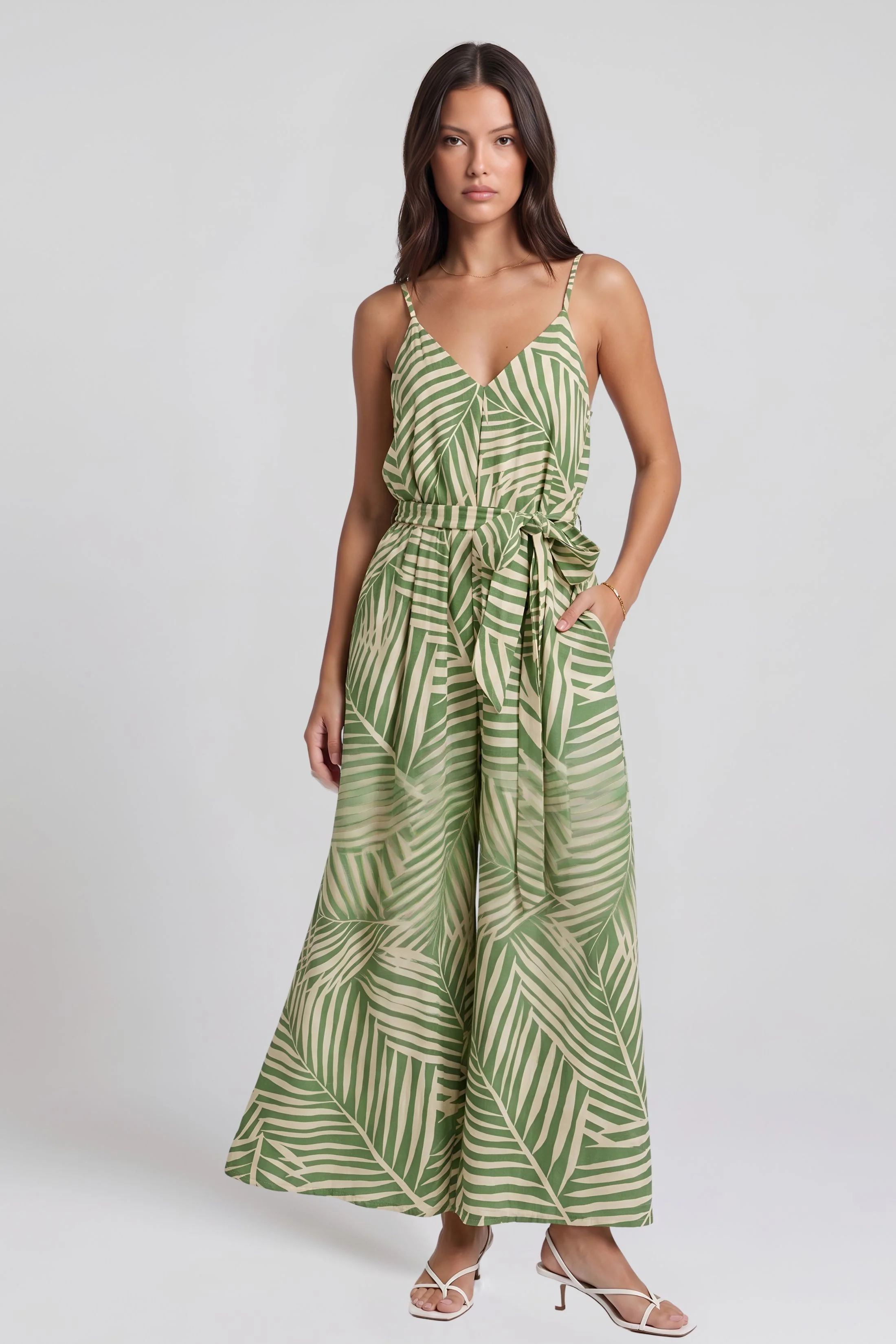 Image of Cindy Tropical Print Spaghetti Strap Jumpsuit