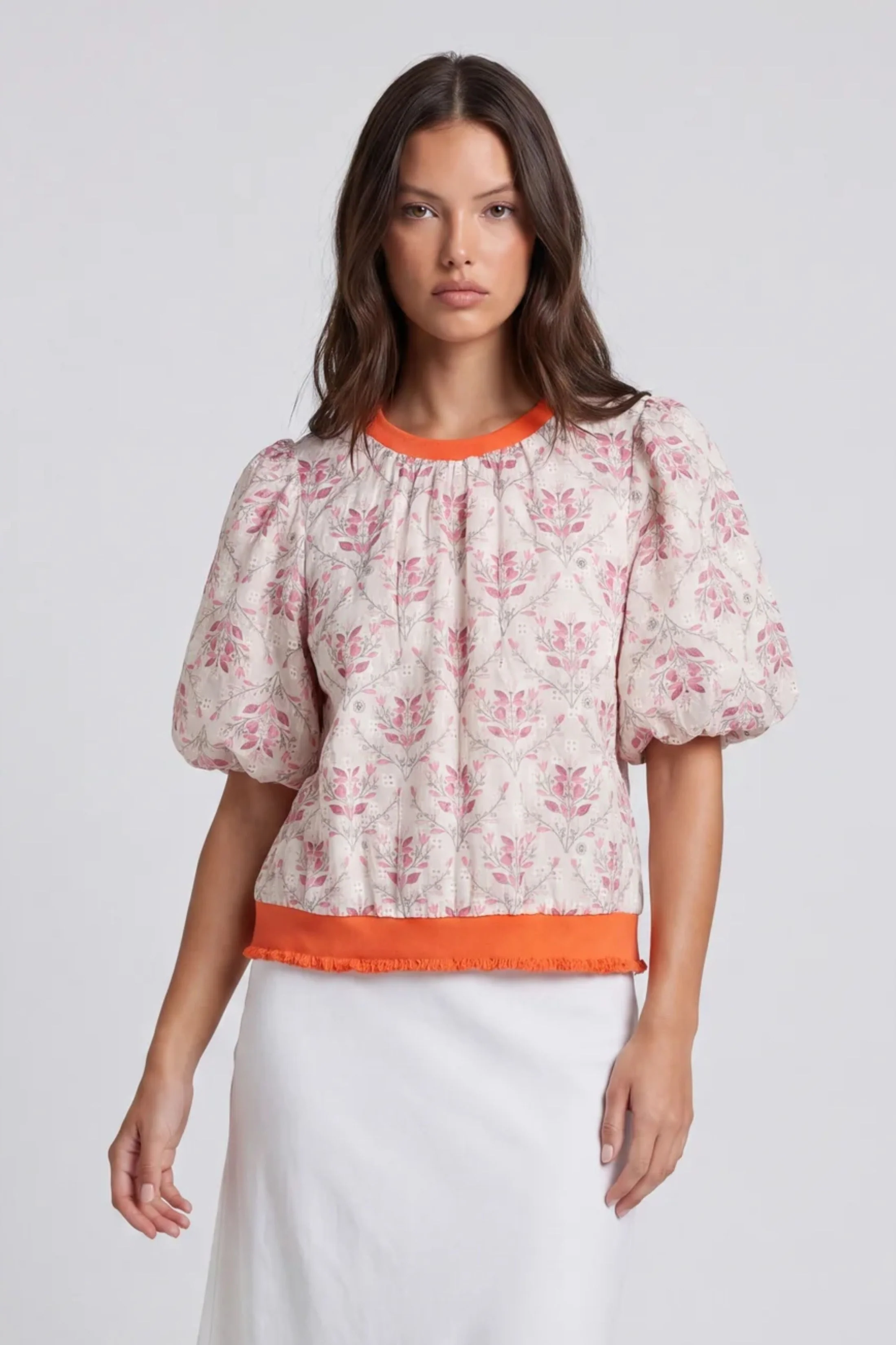 Image of Estes Contrast Band Embroidered Floral Top