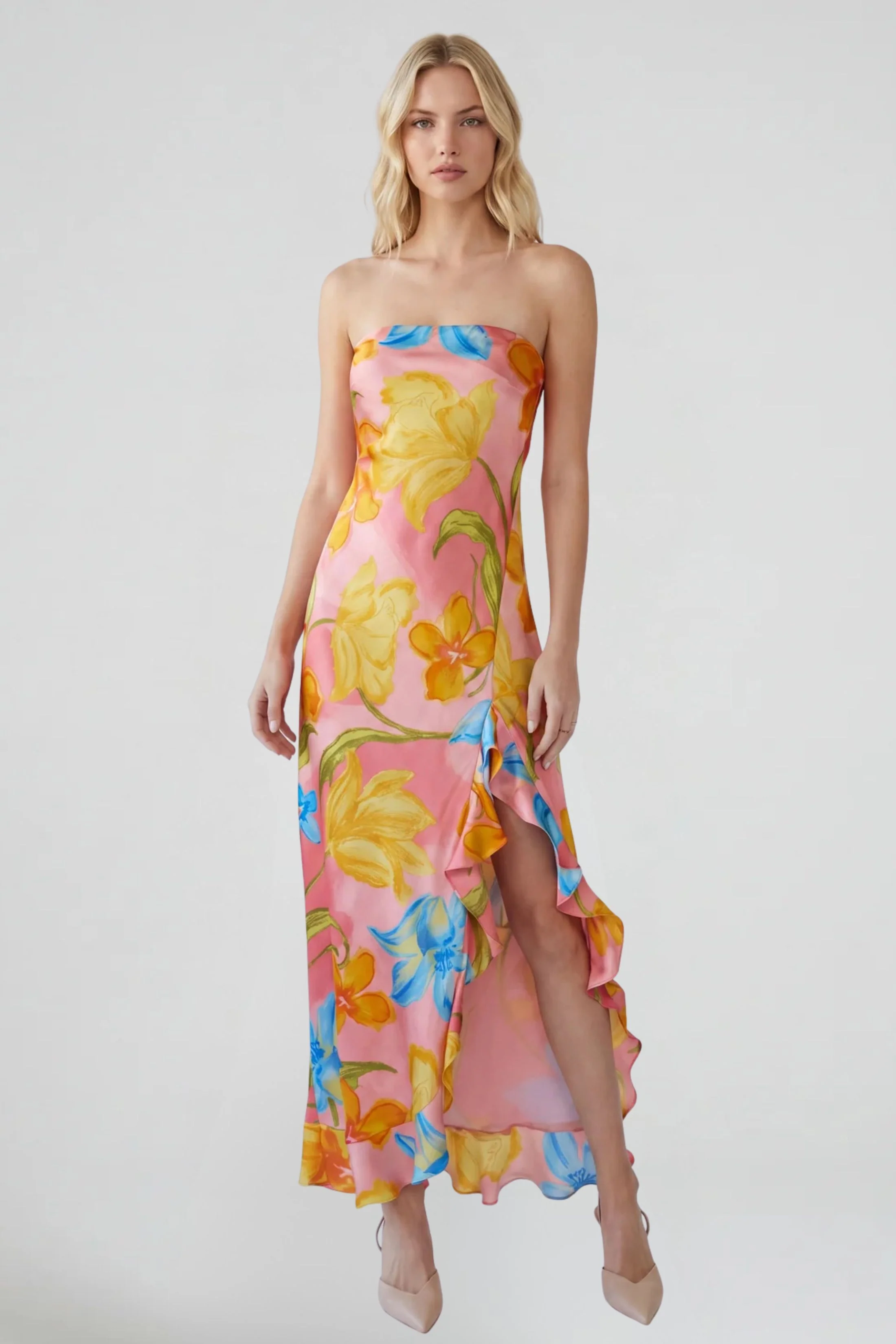 Image of Rosie Strapless Ruffled Slit Maxi Dress