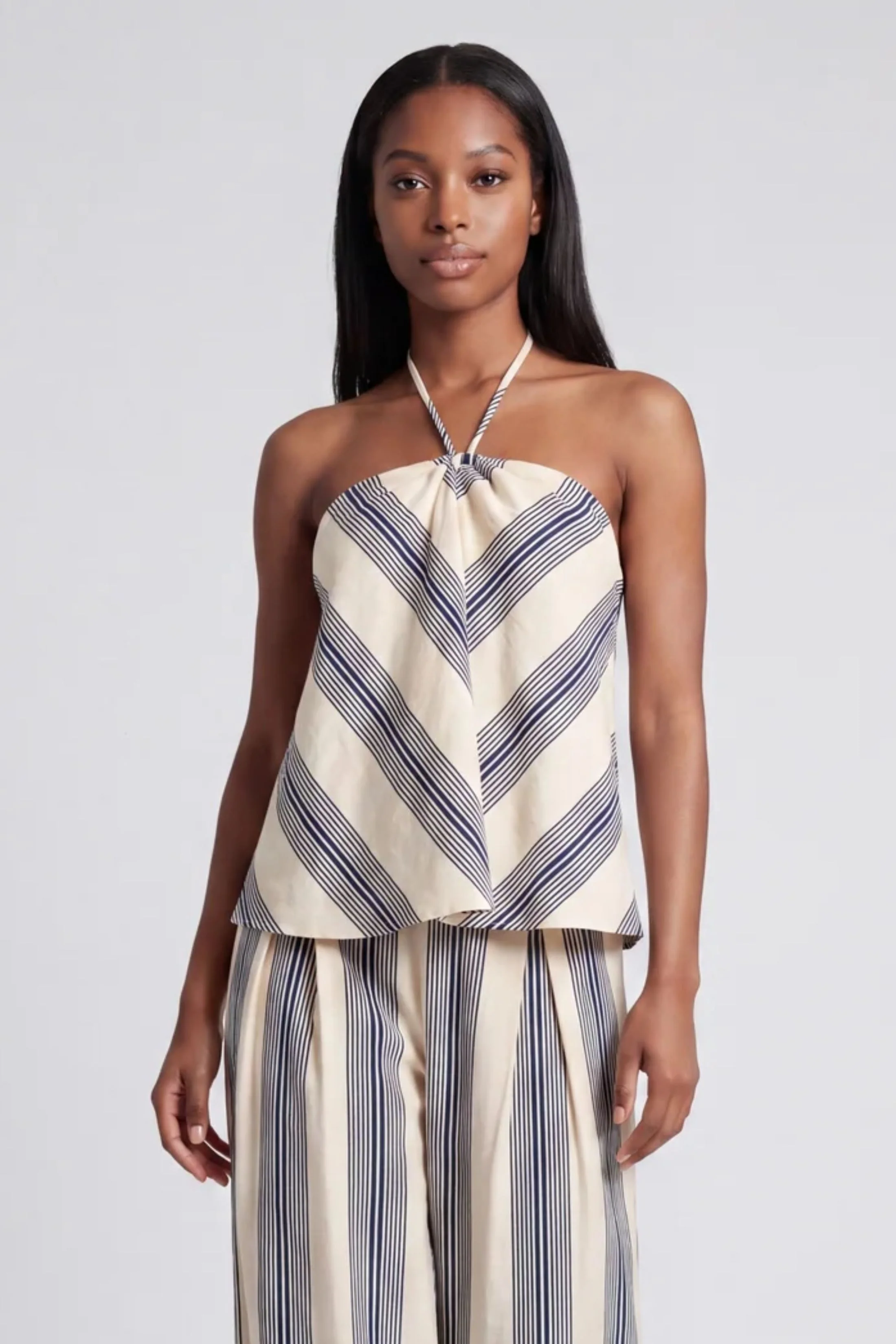 Image of Tara Linen Striped Halter Neck Top