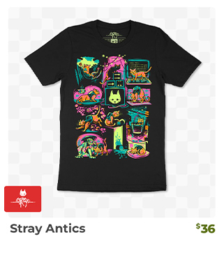 Stray Antics T-shirt is back in stock at Fangamer.com