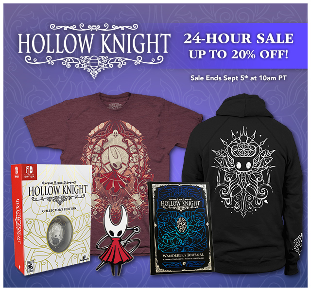24-Hour Hollow Knight Sale now until September 5th at 10am PT at Fangamer.com
