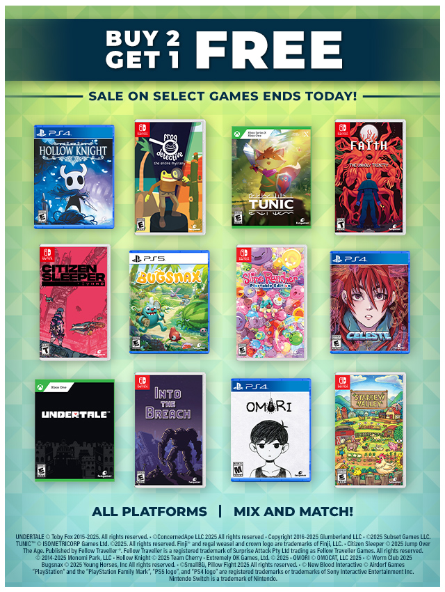 Buy 2 get 1 free on select games ends today at fangamer.com