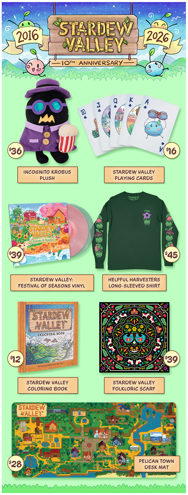 Stardew Valley 10th Anniversary Merch available at Fangamer.com