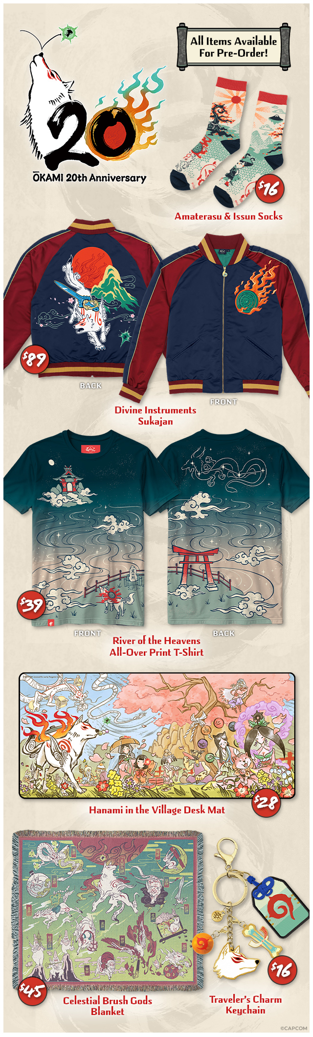 Okami 20th Anniversary merch available at fangamer.com