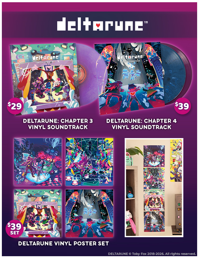 Deltarune Chapter 3 and Chapter 4 Vinyl now available at fangamer.com