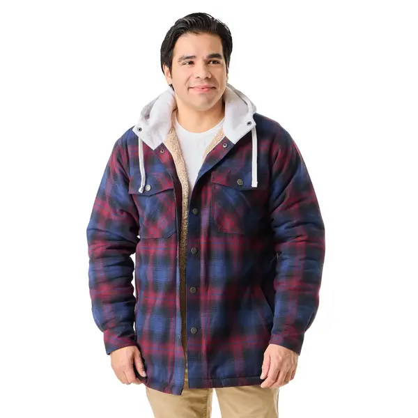 Men's Hooded Berber Lined Snap Flannel Shirt Jacket