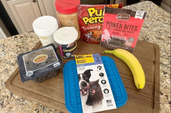 Ingrediants on the kitchen counter to make a variety of dog lick mats