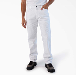 Waist down image of man wearing Dickies white utility painter's pantspants
