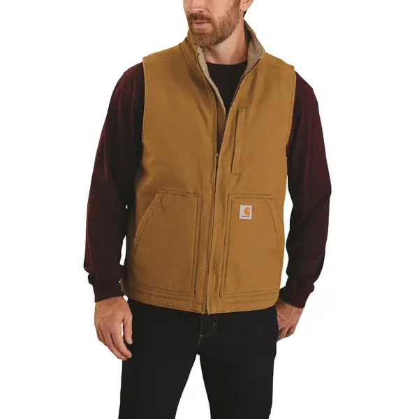 Torso of man wearing zip-up sleeveless vest by Carhartt