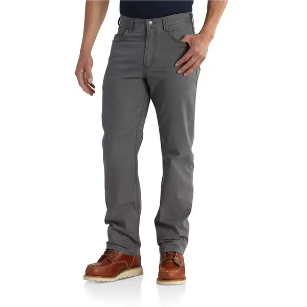 Waist down image of man wearing Carhartt straight leg pants in gray