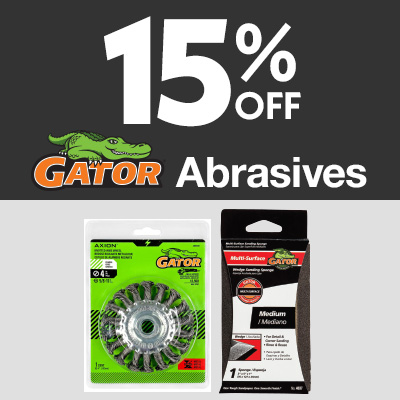 Promo gra[hic for 15% off Gator Abrasives - sandpaper and metal brush grinder
