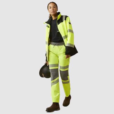 Woman wearing bright yellow pants and jacket