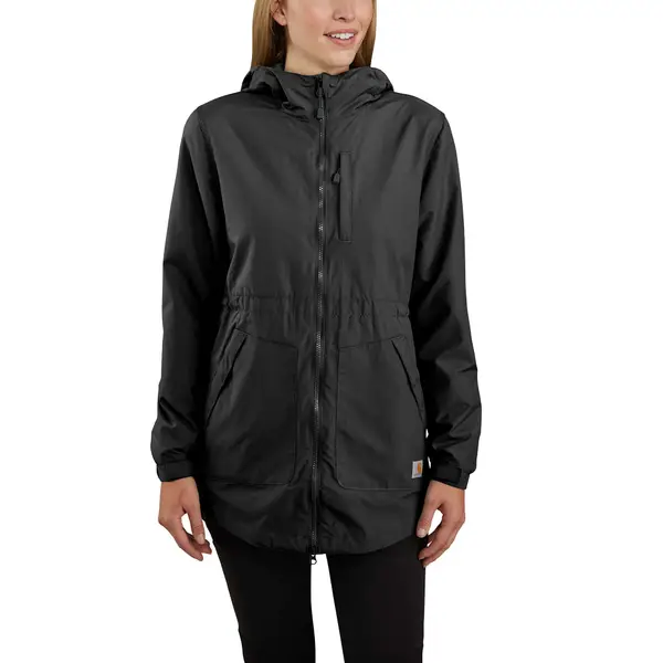 Woman wearing black jacket with sinched waist
