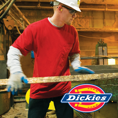 Man working wearing red Dickies shirt