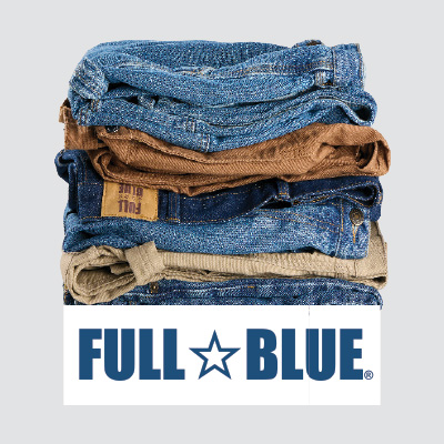 A stack of folded jeans with the Full Blue logo.