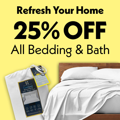 Bed with white sheets and text promoting 25% off all bedding and bath