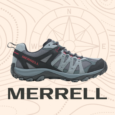 Men's Merrell Accentor 3 Low Hiker Shoe that is gray and black with red accents