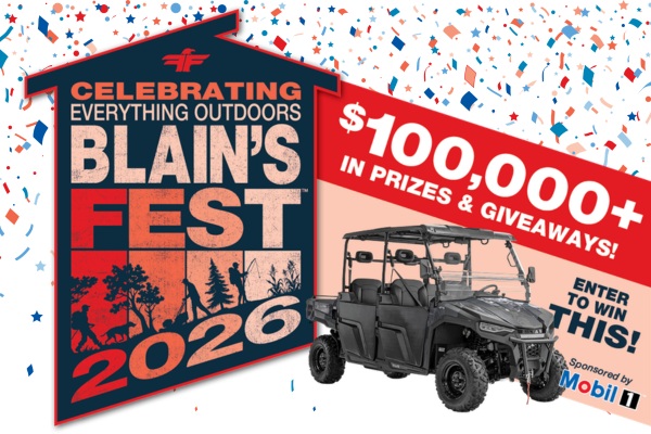 Blain's fest logo on salmon colored background with sweepstake giveaways in the background