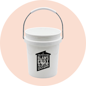 White bucket with Blain's Fest logo