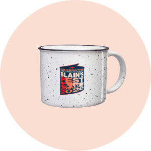 White mug with black speckles with Blain's Fest logo