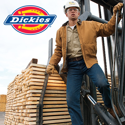 Man wearing workwear with Dickies logo