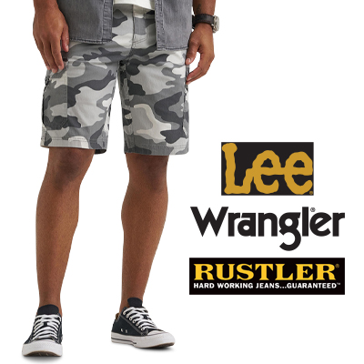 Image of man wearing shorts with Lee, Wrangler and Rustler logos