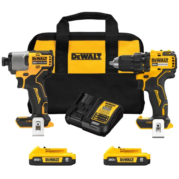 Yellow DEWALT 20V MAX Brushless Drill/Driver & Impact Kit